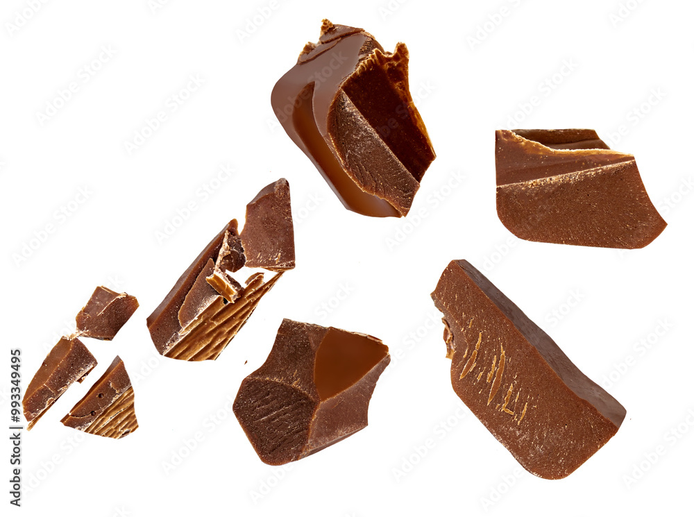 Broken chocolate bar pieces flying. Chocolate isolated on white ...
