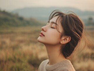 Young woman with her eyes closed, breathing in the fresh mountain air, standing at the edge of a field, with room for copy space in the background