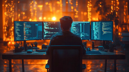 Software developer is working late, illuminated by the glow of multiple monitors