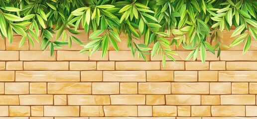 Photo wallpaper in the interior with art drawn bamboo with leaves on a brick texture background