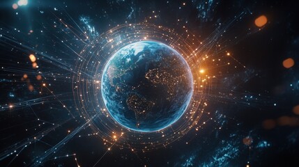 Futuristic Earth Globe with Digital Connections and glowing lights in the Space.