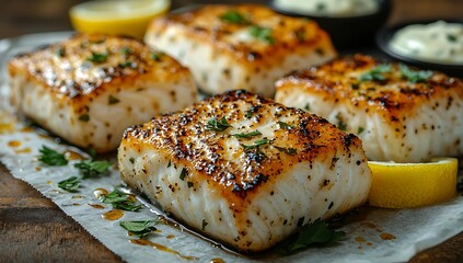 Wall Mural - Grilled fish fillets garnished with herbs and lemon slices.