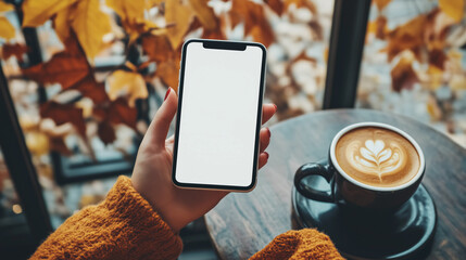 woman's hand holding using smart phone with white blank screen at fall coffee shop, mobile app design and advertising, online marketing