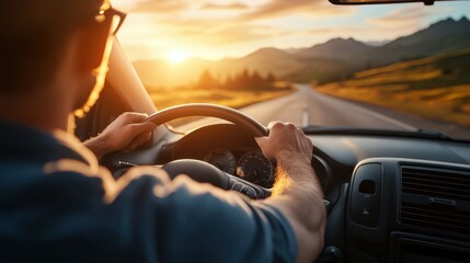 A person driving through a scenic landscape during sunset, highlighting freedom and adventure on an open road.