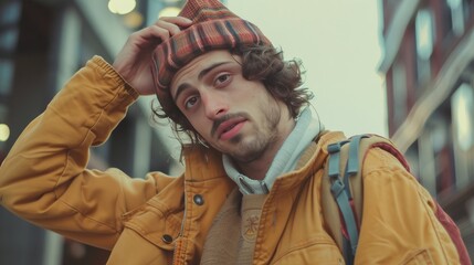 Young Man in Winter Cityscape Wearing Yellow Jacket and Plaid Hat