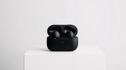 Wall Mural - black wireless earbuds on a white surface