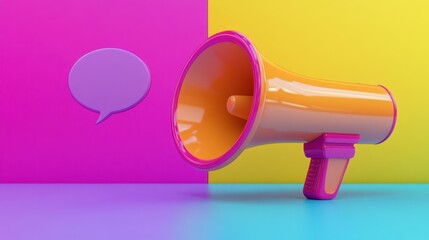 Wall Mural - orange and pink megaphone next to a purple speech bubble on a multicolored background.