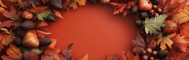 Canvas Print - card red background with frame made out of red and orange and yellow leaves 