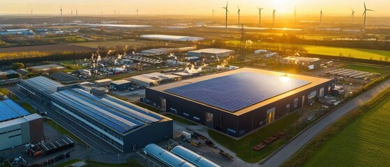 aerial view of an industrial area with solar panels, wind turbines, and a sunset, showcasing renewab