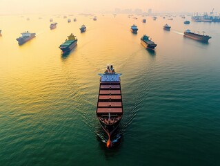 Wall Mural - Aerial view of cargo ships anchored in a harbor during sunset, casting reflections on the tranquil water, showcasing maritime industry and global trade.