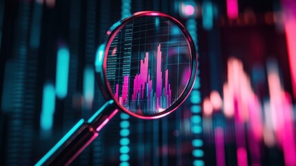 Wall Mural - a magnifying glass focuses on a vibrant chart and data, showcasing a trend in a modern business sett