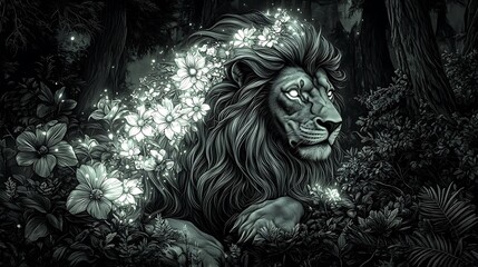 A majestic lion with a mane made of glowing, ethereal flowers, standing in the middle of a dark forest. The flowers in its mane emit a soft, mystical light that illuminates the surrounding trees.