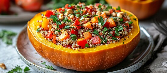 A vibrant quinoa salad served in acorn squash, perfect for Thanksgiving and Halloween festivities, highlighting healthy eating in a festive setting.