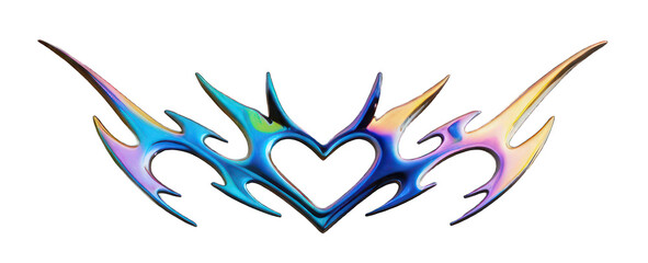 3D render holographic chrome Y2K element, isolated background. Liquid metal, neo tribal style icon, succubus tattoo. Demon heart sigil, modern form, heart shaped design with flames.