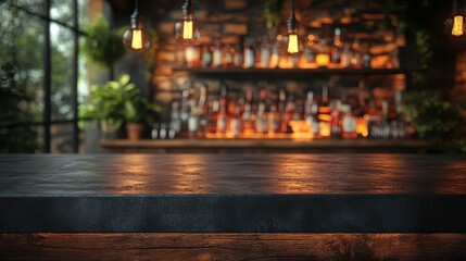 sleek black concrete countertop highlighted by soft warm pub lighting with a blurred bar scene creating an intimate atmosphere for product presentation a minimalist mockup design