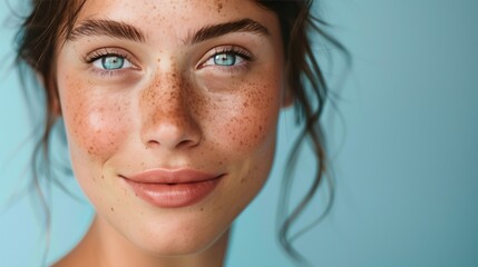 Close-Up Photograph of a Smiling Woman with Freckles and Clear Blue Eyes Against a Blue Background