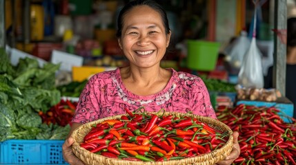 A cheerful woman holds a basket of vibrant red chilies in a lively market, showcasing fresh produce and local culture.