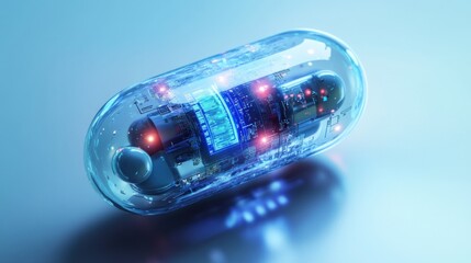 Poster - A transparent capsule with glowing blue circuits inside, on a blue background.