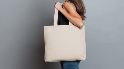 A stylish woman holds a beige tote bag against a gray background, perfect for showcasing modern fashion accessories.