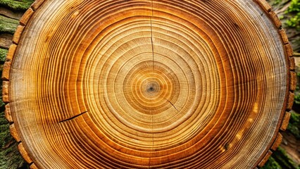 A close-up of a freshly cut tree trunk reveals a stunning pattern of concentric growth rings, showcasing the natural beauty of circular tree growth patterns.