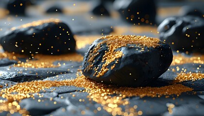 Abstract gold dust shimmering on dark rocky ground, creating a striking and bold visual contrast