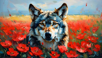 Wall Mural - Joyful wolf in a vibrant red flower field, surrounded by colorful grungy brush textures, capturing a whimsical and lively scene in oil painting style.