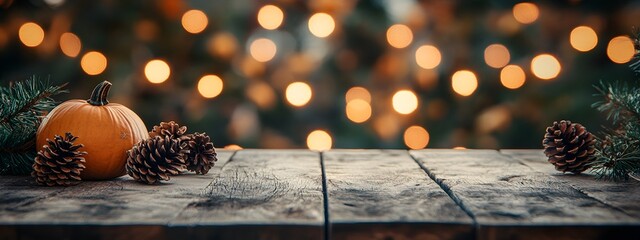 Wall Mural - A wooden table with an autumn background and bokeh lights in the background