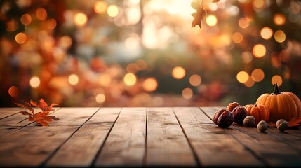 Wall Mural - A wooden table with an autumn background and bokeh lights in the background