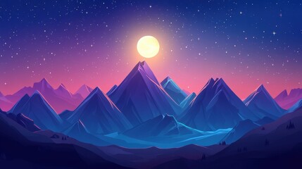 Wall Mural - Abstract Mountain Landscape with Full Moon and Starry Sky, Nighttime Scenic Illustration, Digital Art, Background