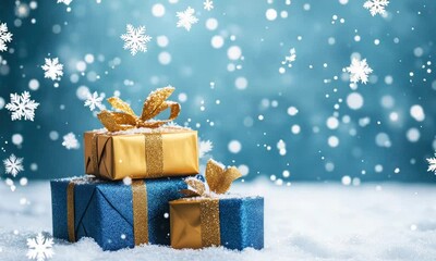 Wall Mural - christmas presents on snowy winter background