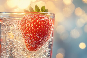 Wall Mural - A refreshing drink with a strawberry in sparkling water, creating a vibrant atmosphere.