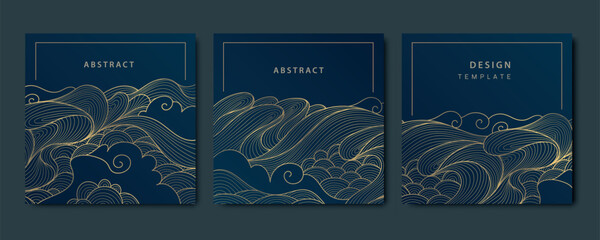 Wall Mural - vector set of wave line gold on blue square cards, sea patterns, fluid premium illustrations, luxury