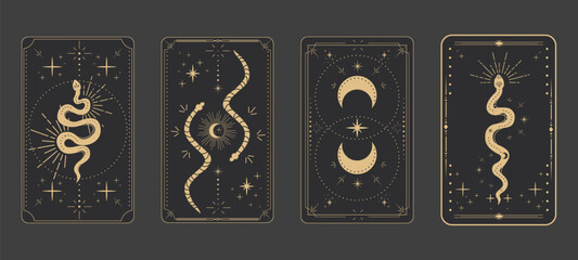 Tarot reverce border magic sacred frame gold line border celelstial mystery esoteric cover card decoration with snake stars and moon on dark background.