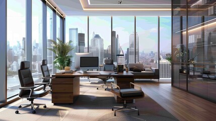 Wall Mural - A well-equipped and organized office with sleek furniture and large windows overlooking a city skyline