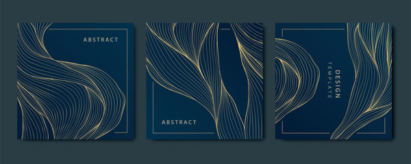 Wall Mural - vector set of wave line gold on blue square cards, sea patterns, fluid premium illustrations, luxury