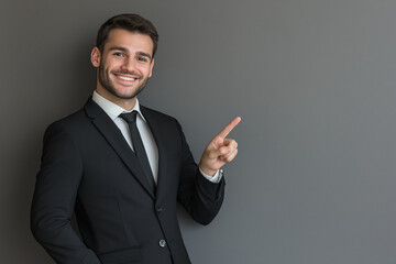 a man in a black suit is smiling and pointing to his right