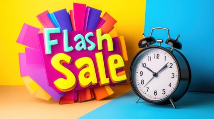 3D Flash Sale text with an alarm clock on a yellow and blue background.