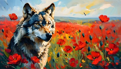 Wall Mural - Joyful wolf in a vibrant red flower field, surrounded by colorful grungy brush textures, capturing a whimsical and lively scene in oil painting style.