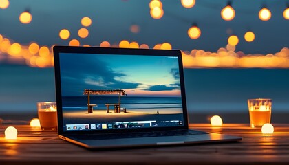 Wall Mural - Remote work haven with laptop on wooden table at beach bar, adorned with bokeh lights, embodying the digital nomad lifestyle in a serene setting