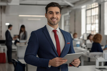 Wall Mural - A man in a navy suit and red tie, smiling and holding a tablet, stands in an office