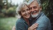 © B 7 YOU - Happy elderly couple embracing outdoors with nature background.