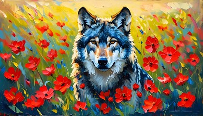 Wall Mural - Joyful wolf in a vibrant red flower field, surrounded by colorful grungy brush textures, capturing a whimsical and lively scene in oil painting style.