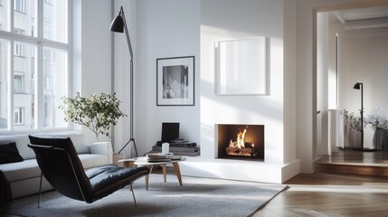 A bright and airy living room with a fireplace, a large window, a comfortable armchair, and a modern coffee table.