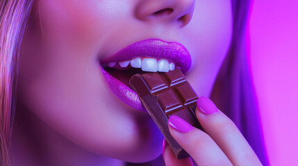 High Quality chocolate photography, Commercial style, a lady biting the chocolate bar