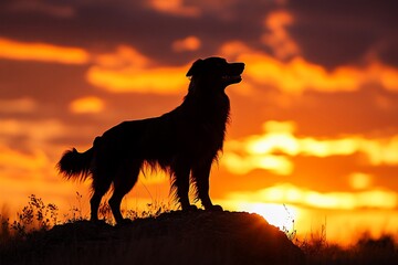 Silhouette of a dog standing on a hill with a sunset in the background.