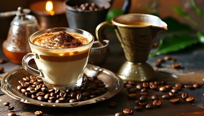 Elegant coffee arrangement with beans on a wooden table