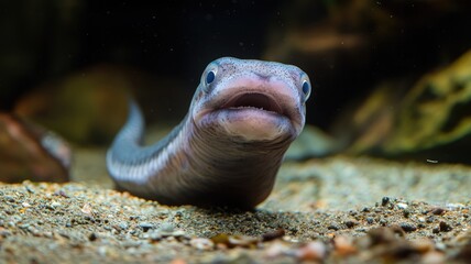 Wall Mural - Close-up of curious eel underwater, resting on sandy ocean floor