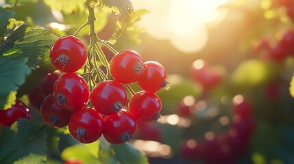 Poster - Red Berries on a Branch in Sunlight - Close Up Macro Photography