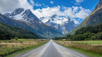 A straight road leading through an alpine valley, framed by towering snow-capped mountains and lush green meadows.