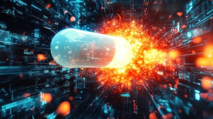 Wall Mural - a glowing pill capsule explodes in a digital space, surrounded by data streams.